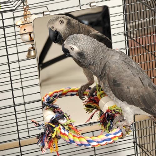 9" Bird Mirror for Cage, Large | Rope Perch, Bird Swing, For Parakeet Budgie African Grey Conure Cockatiel Lovebird Finch Canarie - size: Large