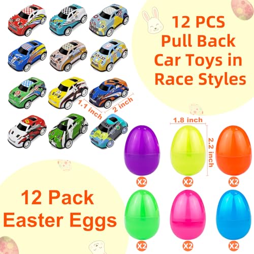 12 Pack Easter Eggs with Pull Back Race Cars Toys, 2.2" Colorful Mini Vehicles in Surprise Eggs for Egg Hunt, Easter Basket Stuffers Gifts Birthday Party Favors for Boys Ages 3+ - style: 12 Pack Easter Eggs with Pull Back Cars