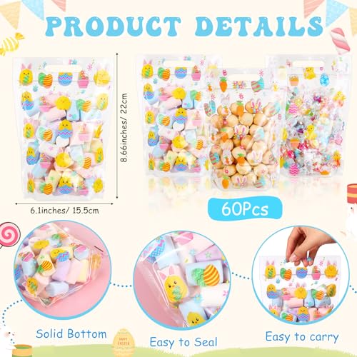 Frienda 60 Pcs Easter Plastic Candy Bags Bulk Easter Egg Zippered Treat Bags Bunny Goodie Bag with Handle Spring Party Favor Gift Pouch for Wedding Birthday Party Supplies