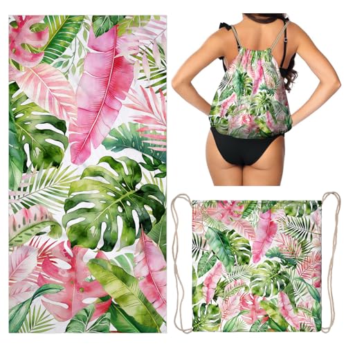 2 In1 Beach Towel Backpack - Tropical Leaves Beach Blanket Convertible Towel for Travel Picnic - color: Tropical Leaves Multi