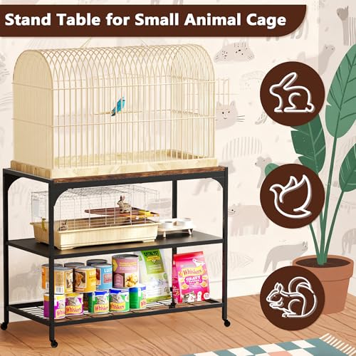 3-Tier Mobile Small Animal Cage Stand with Wood Tabletop, Lockable Caster Wheels, Storage Shelves for Small Animal Habitat for Hamster, Rabbit, Guinea Pig, Furniture Style Design