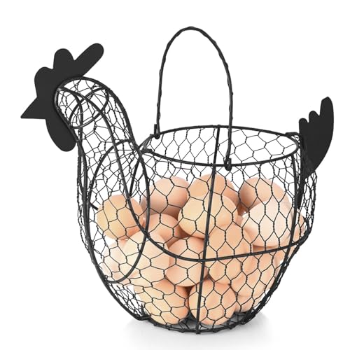 Flexzion Egg Basket for Gathering Fresh Eggs, Black Wire Chicken Egg Collecting Basket Countertop, 24-Egg Metal Holder with Handle, Chicken Shaped Basket for Farmhouse Kitchen Decor - size: Large Chicken Basket