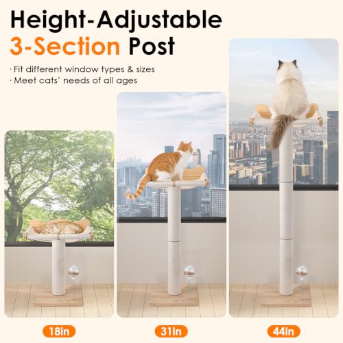 Keaber 44in Cat Scratching Post with Window Perch, Sisal Rope and Cozy Pad | Adjustable Scratching Post for Large Cats, for Climbing Bird Watching Sleeping, Spring Feeding Toy, Washable Cushion