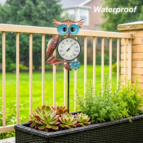 Outdoor Thermometer, Owl Outside Decor for Patio, Yard and Garden | No Battery Needed, Waterproof, Indoor and Outdoor, Easy to Read, Gifts Idea - color: Bronze