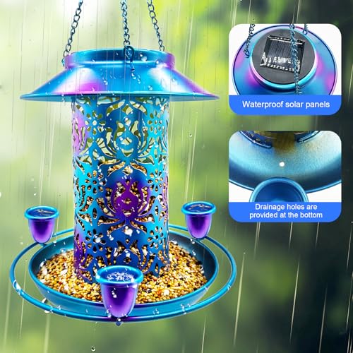 Solar Bird Feeder for Outdoors, 3 Nectar Cups for Hummingbirds, Metal Squirrel-Proof Weatherproof, 2-in-1 Garden Lantern Auto Light at Night, Perfect for Birthdays, Christmas, Bird Lovers
