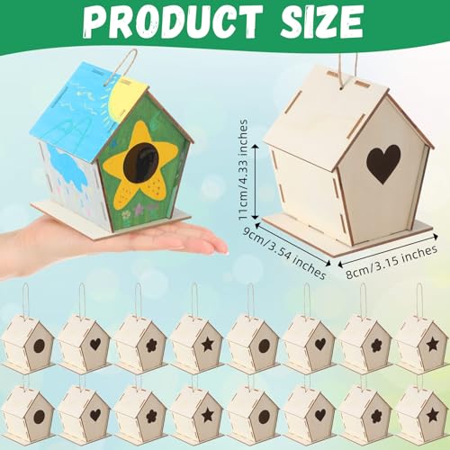 DoubleFill 36 Pcs 4. 33" DIY Wooden Birdhouses Craft for Kids Unfinished Wooden Birdhouse Kits Wood Painting Kit to Build and Paint Unpainted Birdhouses for Children VBS Crafts
