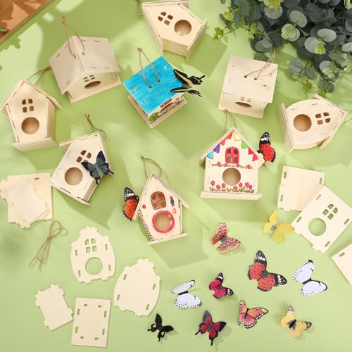 Sawysine 93 Pcs DIY Birdhouse Kits for Kids to Build, 36 Wooden Bird House 6 Shapes and 57 Butterfly Sticker for Children Summer Craft Activity Art Project DIY(Round Entrance) - style: Round Entrance