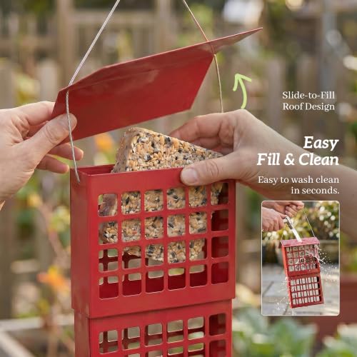 Solution4Patio Suet Bird Feeder for Outdoors, All Metal Bird Feeder for Wild Birds, Heavy Duty Galvanized Steel Hanging Feeder with Slide-Top Roof, Weather Resistant, Holds 2 Suet Cakes (Red) - color: Red