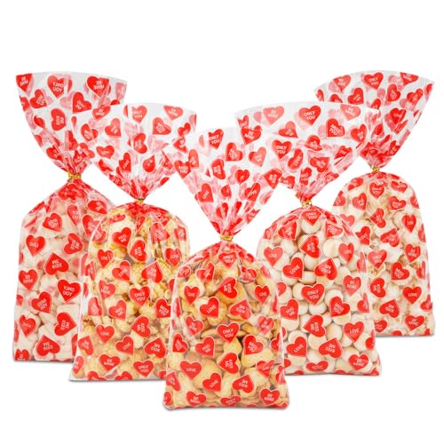 Valentines Treat Bags, 100 PCS Valentines Goodie Bags, Valentines Day Plastic Goodie Candy Goody Cookie Favor Ziplock Cellophane Treat Bags for Classroom Party Small Mini Valentines Gift Bags Bulk - color: 100pcs-Valentine bags