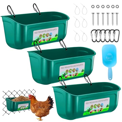 3 Pack Chicken Feeder, Duck Feeder Supplies, Hanging Fence Feed Trough with Clips for Goat, Sheeple, Piglet, Gooses, Turkeys, Dog Livestock Poultry, 8 Quarts in Total, Feed Scoop Included, Green - color: Green 3pcs