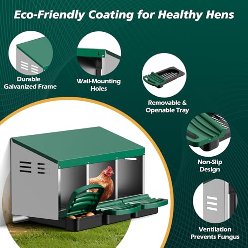 Chicken Nesting Boxes, Roll Away Laying Nest Box for Hens, 3 Compartments | Rollout design with removable drawer for easy egg collection and cleaning, built with durable galvanized steel, Green - color: Green
