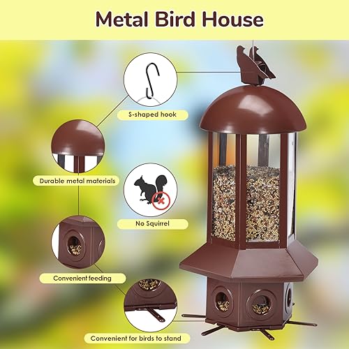 Squirrel Proof Bird Feeders, 5lbs Heavy Duty Metal (Brown) | Weight-activated mechanism bird feeders for outdoors, 6 Chew-proof feeding ports