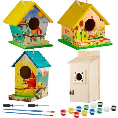Liliful 4 Pack Birdhouse Crafts for Kids, Wooden Creative DIY Bird House Kits Arts and Crafts Set for Kids and Adults, Spring Birthday Gifts for Toddlers Ages (Playful Style) - color: red, yellow, blue, green, white, black