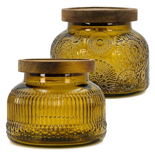 Decorative Amber Glass Jars with Airtight Wooden Lids 2 pack, 25.4 fl. oz | Wide mouth vintage storage canister, kitchen pantry bathroom organization, coffee sugar tea cookie candy candle vase gift - size: 25.4 Ounces, style: Amber 2pc