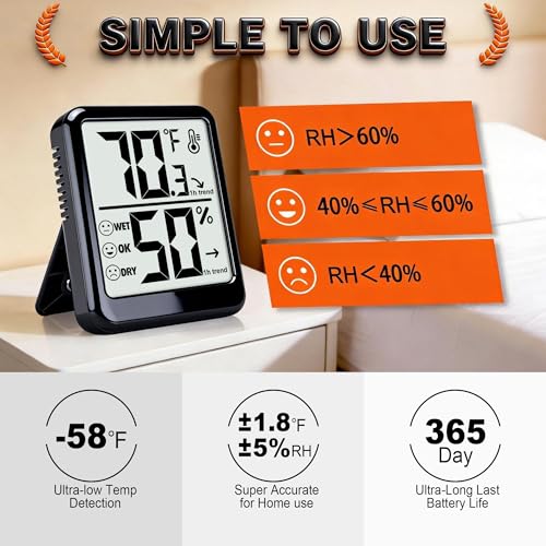Room Thermometer Indoor Hygrometer Temperature and Humidity Monitor | Accurate Sensor, Fast Refresh, Big Digits, Easy to View, ℉/℃, w/ AAA Battery, Compact for Home, Office, Pet, Plant - color: Black - Upgraded Version, size: 1 - Pack