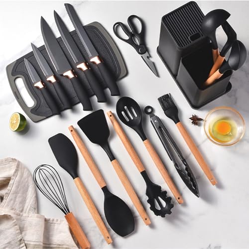 Cooking Utensils Set,19 Kitchen Set Utensils Set with 11 Pieces Spatula Cooking Utensils,Heat Resistant Silicone Utensils 6 Piece Sharp Knife Set 2 Pieces Utensil Cutting Board (Black 19 PCS Set) - color: Black 19 PCS Set