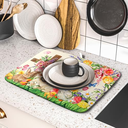 Easter Farmhouse Dish Drying Mat Funny Animal Dish Pad for Kitchen Counter Small 16 X 18 - color: Colorful Farmhouse Animal, size: 18" x 16"