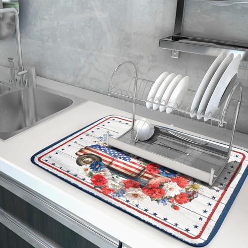 Patriotic Truck Dish Drying Pad 4th of July Drying Mat for Kitchen Counter Coffee Bar Sinks 18 X 24 Inch - color: Patriotic Truck Blue, size: 24" x 18"