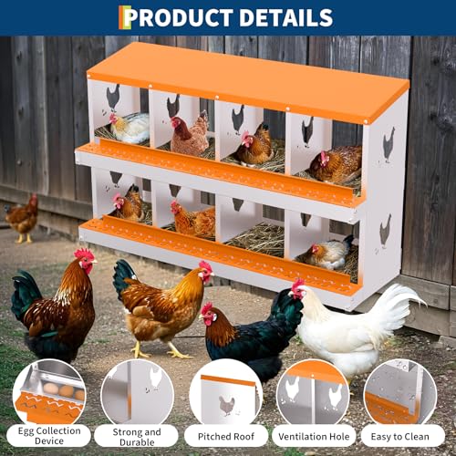 Chicken Nesting Box, 8 Compartment Galvanized Steel Chicken Laying Boxes, Heavy Duty Rustproof Chicken Coop with Easy Egg Collection for Backyard Farms - Wall Mountable, Orange - color: orange, size: 46.1"L x 17.3"W x 8.5"H