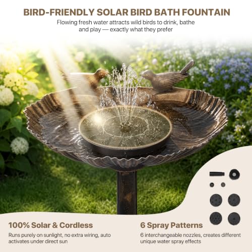 Athena Collection 31.5" Solar Powered Pedestal Bird Bath Fountain, Bronze | Detachable Solar Fountain Broad, 6 Spray Patterns, 5L Water Large Capacity，3 Ground Nails Included for Garden Yard Lawn - color: Bronze