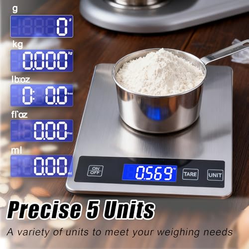 Food Kitchen Scale, 33lb Food Scale Precisely Measures Grams and Ounces for Baking and Cooking, 304 Stainless Steel Kitchen Scale for Food with LCD Display, Batteries Included - style: Rechargeable / 33lbs