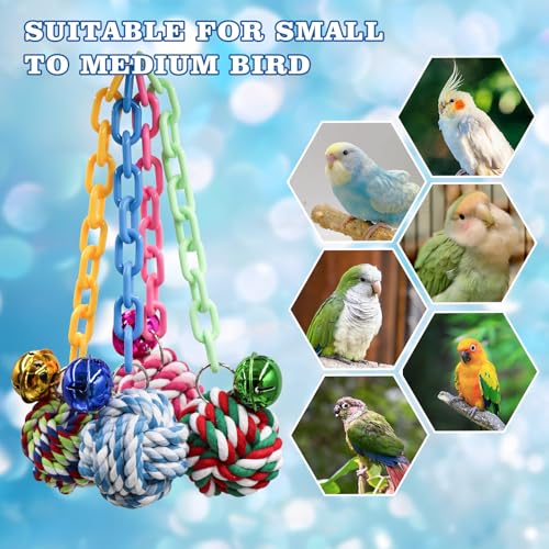 4-Pack Colorful Bird Chew Toys – Cotton Rope Balls with Chains & Bells for Small/Medium Parrots | Shredding & Play Enrichment for Budgies, Cockatiels, Lovebirds, Conures