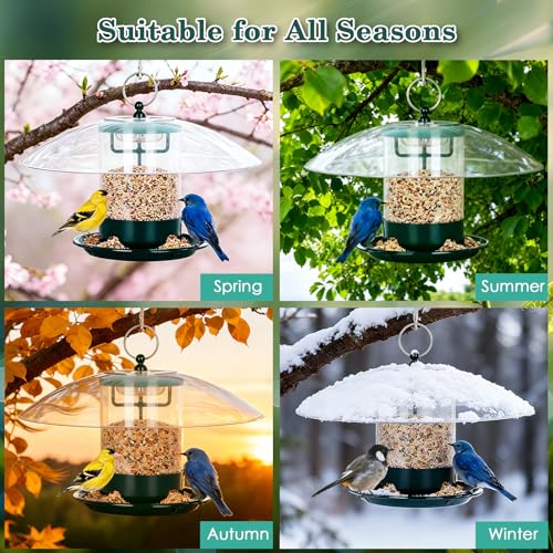 Gbekery Metal Bird Feeder for Outdoor Hanging with 12” Weatherproof Dome, Weather Resistant Wild Bird Feeder with 360 Degree Feeding Tray, Green - color: Green with Transparent Dome