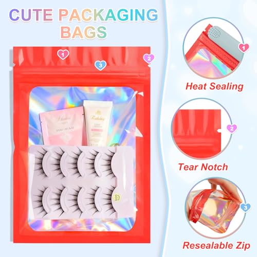 ANZNKU 100PCS Holographic Red Mylar Bags, Resealable Smell Proof 7.1x10.2 | with Clear Window, Small Business Jewelry Candy Treat Sample Favor Keychain Packaging, Sealable Plastic Zip Goodie Baggies - color: Red, size: 7.1 x 10.2 Inch