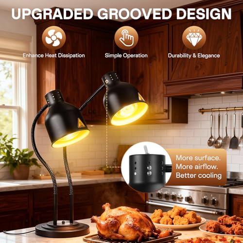 2-Head Heat Lamp for Food - 500W Commercial Food Warmers, Black | Keep Food Warm, Adjustable Head, Portable Food Heat Lamp, Food Warmers for Parties Buffet, Restaurant, Kitchen, Catering - color: Black