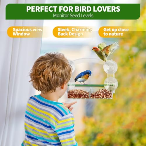 Window Bird Feeder for Outdoors, Acrylic Bird Feeder with Strong Suction Cups, Perfect for Up-Close Viewing, Removable Seed Tray with Drain Holes to Keep Nuts Fresh & Dry, Clear