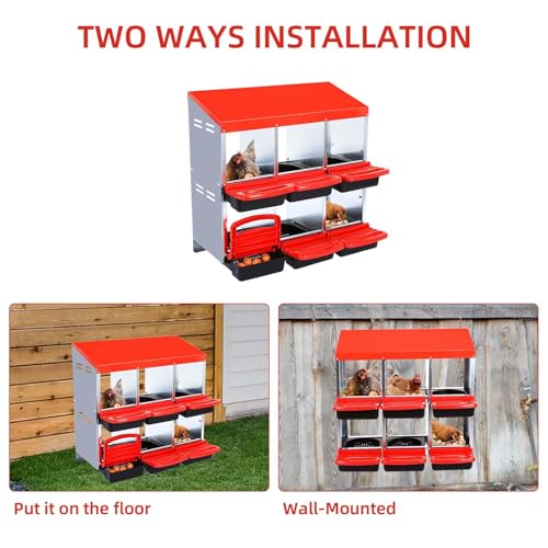 6-Compartment Chicken Nesting Boxes, Metal Hen Laying Boxes with Roll-Away Egg Tray, Lockable Lid, Easy-Clean Design for Coop and Farm - color: Red, size: 6 holes without Legs