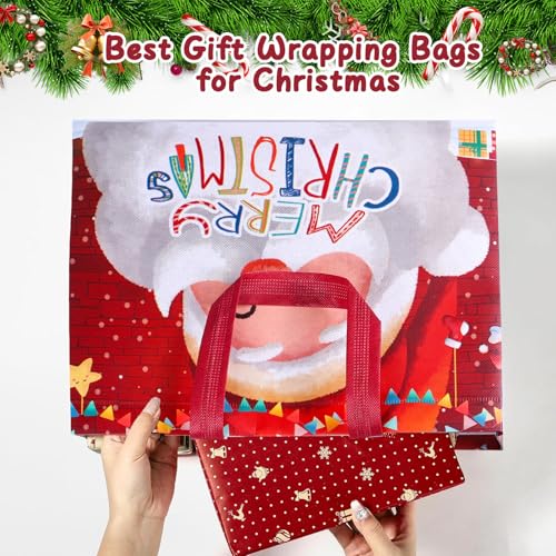 Bszatan Christmas Gift Bags with Handles,24 Pack Large Reusable Tote Bags,Non-Woven Christmas Bags for Wrapping Xmas New Year Party Favors, 12.8"x9.8"x6.7" - color: Christmas Bag 24 PCS