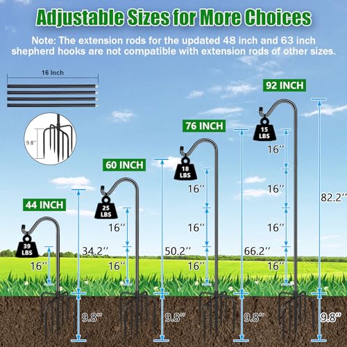 92 Inch Adjustable Outdoor Shepherds Hook Bird Feeder Pole with 7 Prongs Base, Premium Steel Heavy Duty Tall Shepards Hooks for Hanging Bird Feeders, Plant Basket, Lanterns, 1 Pack - size: 92 Inch