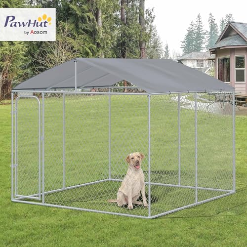 PawHut Outdoor Dog Kennel, Heavy Duty Dog Run Outdoor Fence with Waterproof Cover, Galvanized Chain Link, Secure Lock, 9.8' x 9.8' x 7.7' | Outdoor Fence, Waterproof Cover, Galvanized Chain Link, Secure Lock - size: 118.0"L x 118.0"W x 92.3"H