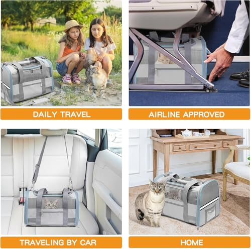 17" Soft Cat Carrier with Shoulder Strap for Travell, Light Grey | TSA compliant fits under seat, soft-sided lightweight, breathable, top/side entry with zippers,collapsible food bowl - color: LightGrey