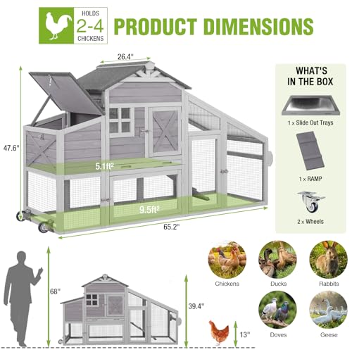 GUTINNEEN Chicken Coop with Wheels for 2-4 Chickens, Large Wooden Outdoor Hen House with Run, Waterproof & UV-Resistant Roof, Removable Leakproof Tray and Divided Nesting Box– Grey - color: (Grey-AIR32)