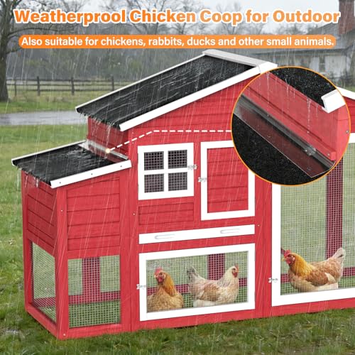 Large Chicken Coop 84.7'' Outdoor Weatherproof Hen House for 4-6 Chickens with Nesting Box, Predator Proof Poultry Cage with Pull Out Tray, Easy Clean & Assemble - color: Red(84.7"L x 27.6"W x 47.4"H)