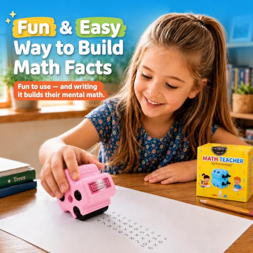 GoldenEgg Math Teacher 4-in-1 Math Roller Stamp, Addition, Subtraction, Multiplication & Fill-in-the-Blank Practice Tool for Kids, Classroom & Home Use (Pink) - color: Pink