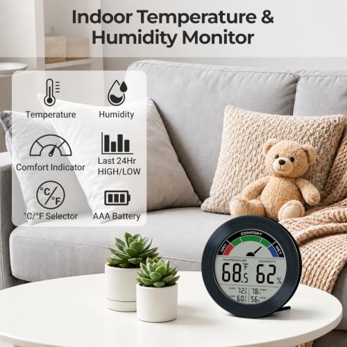 Digital Hygrometer Indoor Thermometer, Brushed Metal Frame, Black | Large round display, clear digits, accurate readings, comfort gauge, humidity meter, room temperature and humidity monitor - color: Black Stainless