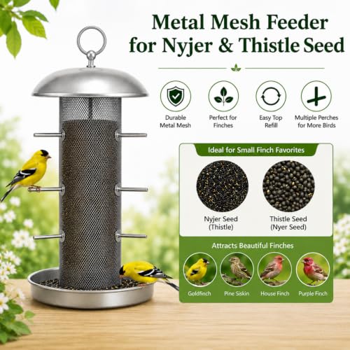 Finch Feeder for Nyjer & Thistle Seed, Hanging Metal Mesh Bird Feeder with Perches for Backyard, 2lb Capacity,Great for Backyard Bird Lovers