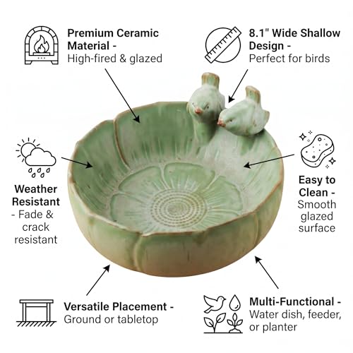 Ceramic Bird Bath for Outdoors, 8.1" Garden Bird Bath Bowl, Tabletop or Ground Birdbath Dish, Weather Resistant Bird Water Bowl for Patio, Balcony, Lawn & Garden - size: Deep 8x4.7
