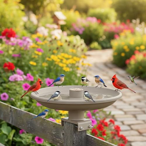 Farm Innovators 150 Watt Outdoor Plastic Heated Birdbath with Twist Deck Mount, Hidden Electrical Connection, and Internal Thermostat, Tan | All season decorative heated birdbath with easy twist-on deck mount, built-in perch or feeder, 1-1/2-gal capacity