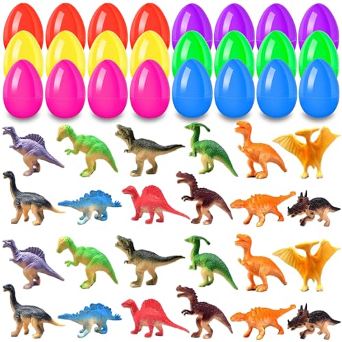 24Pcs Easter Eggs with Dinosaurs Inside, Easter Basket Stuffers Easter Party Favors for Kids, Filled Easter Eggs for Easter Hunt, Classroom Prize Supplies