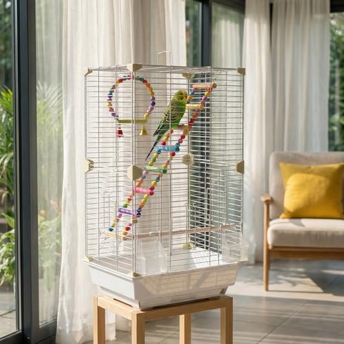 Pet Paradise Bird Cage, 14.6 x 11 x 24.8 inches, Metal Wire Construction, Multiple Perches and Feeders, for Parakeets, Canaries, Finches (White)