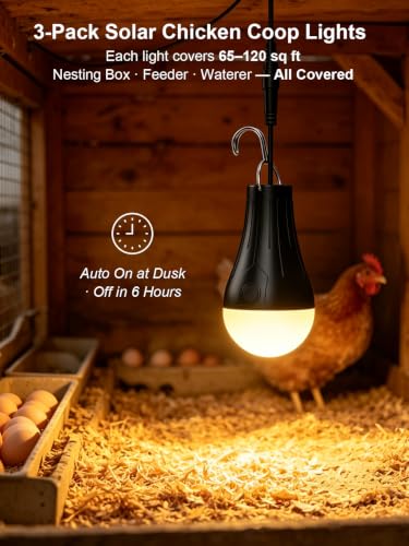 Portable Solar Chicken Coop Light with Timer, 3-Pack Waterproof | Rechargeable Solar Bulb, 4 Light Modes, 3 Color Temps, Auto 6H Timer, 90-180lm, 1200mAh Battery, for Indoor Camping Emergency