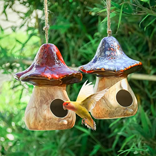 Yinns Hanging Bird House, Decorative BirdHouses for Garden Decor, 2 PSC | Birdhouses for Outside, Decorative Mushroom Ceramic Bird House for Wild Birds, Finch, Cardinal, and Bluebird - color: D-blue and red