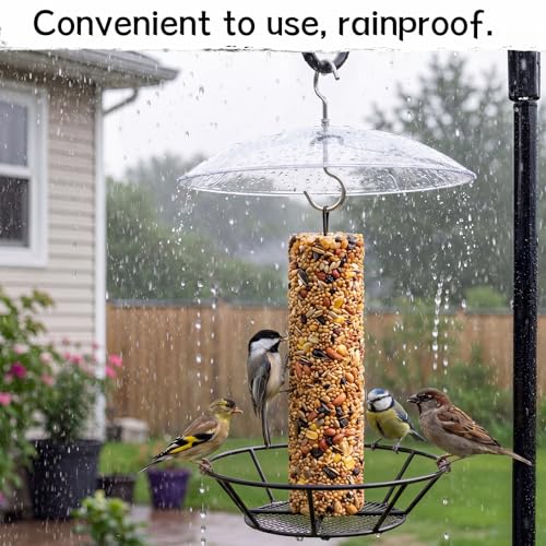 1 Pack Cylinder Bird Feeder Outdoor Metal Seed Cake Feeder with Clear Rain Proof Cover Hanging Chew-Proof Backyard Wild Bird Feeding Feeders for Outdoors Garden(Mesh Bottom) - style: Mesh Bottom