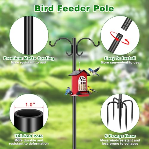 88inch Double Shepherd Hook for Outdoor, 1” Bird Feeder Pole,2Pack | 1in Thick Steel,5-Prong Stable Base,Adjustable Height,20lb Capacity,Ideal For Bird Feeder,Plant & Lantern ,Rust Resistant