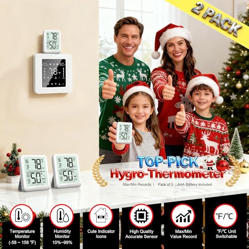 2 Pack Room Thermometer Indoor Hygrometer with Max/Min Record | W/ Battery, 24h Max/Min Record, Accurate Sensor, Fast Refresh, Easy to View, ℉/℃, Durable Kickstand, Compact, for Home Office - color: White (New Version)