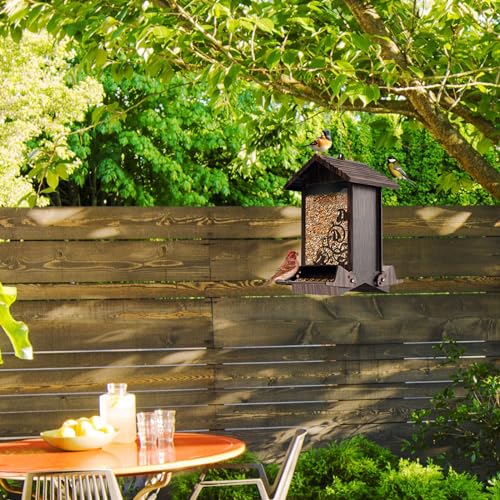 Squirrel Proof Bird Feeder for Outdoor Hanging,Metal Bird Seed Feeder with Bilateral Weight Activated Perches,5LB Large Capacity Wild Bird Feeders for Outside,Easy Refill and Clean,Brown - color: Brown